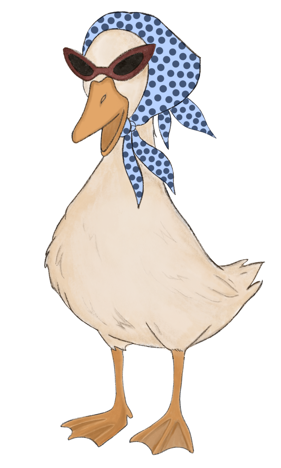 Edda the duck looking iconic in a polka-dot headscarf and burgundy cat-eye sunglasses